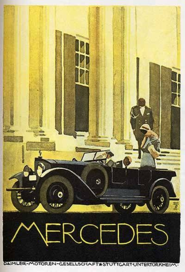 Vintage-Mercedes-Benz-Plakat aus den 1920er Jahren, das ein klassisches Auto zeigt, das vor einem modernen Gl├Ąserbau mit zwei Personen darin geparkt ist, mit auff├Ąlliger schwarzer Schrift unten.