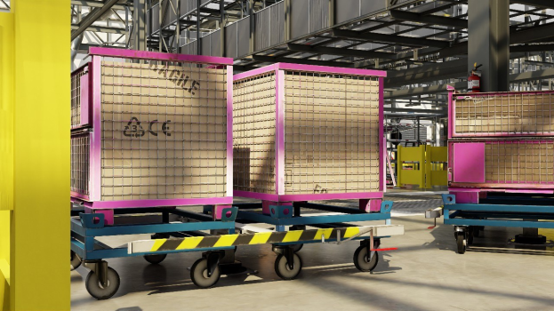 Großes Lager mit gestapelten Kisten auf Rollwagen, eine gelbe Säule links, ein Feuerlöscher rechts, Metallstangen im Hintergrund und sichtbarer Boden.