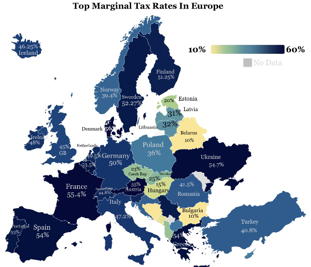 Eine Karte von Europa mit Farben, die die höchsten Steuersätze in jedem Land anzeigen, mit der überschrift "Höchste Steuersätze in Europa."