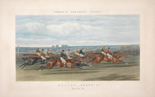 Bild eines Jockeys, der auf einem Pferd über eine Rennbahn mit Bäumen und Wolken im Hintergrund reitet, mit der Beschriftung "Racing Plate 3: The Run 3" unten.