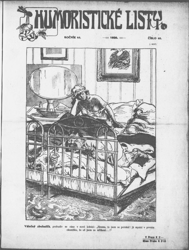 Schwarze und weiße Illustration einer Person, die auf einem Bett liegt, mit einem Spiegel auf dem Nachttisch und einem Rahmen an der Wand, begleitet von Text, der "humoristische liste - tschechoslowakei - april 20, 1920" oben und unten angezeigt wird.