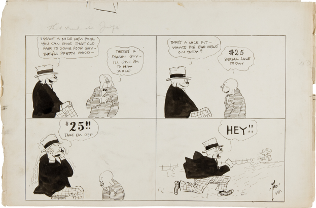 Eine Comic-Seite mit einem Mann in Zylinder und einer Frau in einem Kleid, beide besorgt aussehend, mit dem Text "Die Wahrheit des Richters".