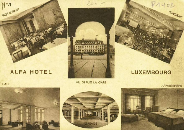 Eine alte Ansichtskarte des Alfa Hotels in Luxemburg, die eine Collage von Innenraumaufnahmen einschließlich Möbeln, Betten, Säulen und Fenstern zeigt, mit beschreibendem Text.
