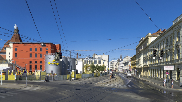 Stadtstraße mit Gebäuden, Straßeninfrastruktur, Fahrzeugen, Fußgängern, Bäumen und Himmel.