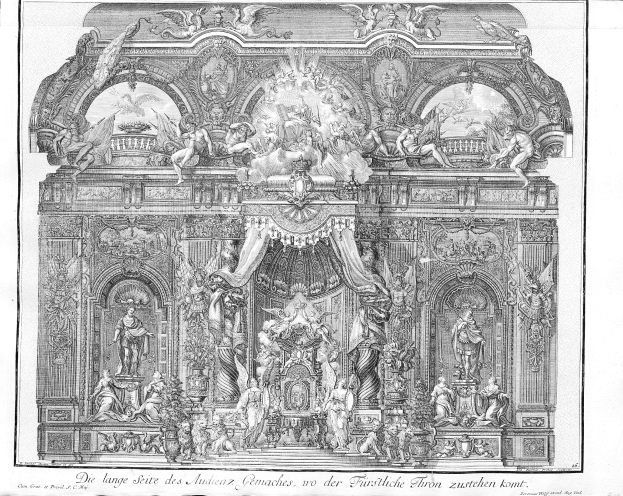 Schwarzes und weißes Zeichnung eines prunkvollen Altars mit detaillierten Schnitzereien und Skulpturen, mit einem königlichen Design.
