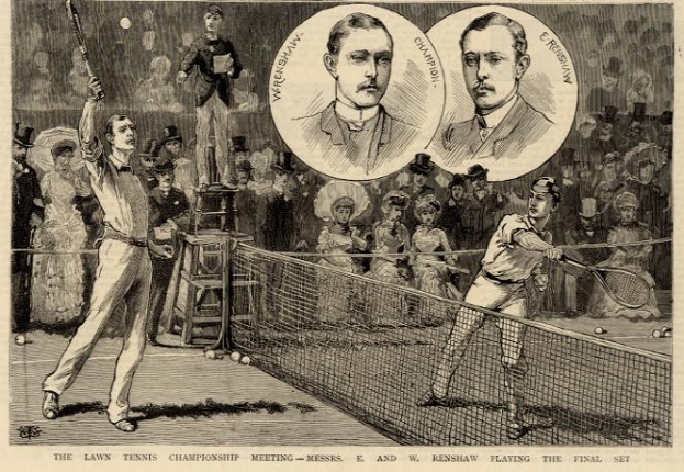 Eine Schwarz-Weiß-Zeichnung von zwei Männern, die auf einem Platz Tennis spielen, mit Zuschauern im Hintergrund und einem Text am unteren Rand, der lautet: "The Lawn Tennis Championship Meeting - Messers, E und W Renshaw spielen das entscheidende Spiel."