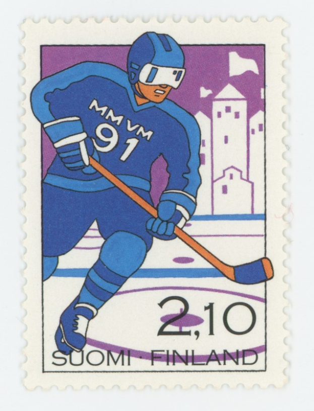 Eine Briefmarke mit einem Hockey-Spieler in einem blauen Trikot, der einen Hockey-Schläger hält, mit der Aufschrift "Schweden".