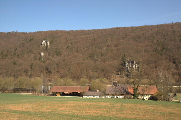 Ein Bauernhof mit einigen Gebäuden und Bäumen in einem grünen Feld, vor einer Kulisse von Bergen unter einem blauen Himmel, mit leuchtend grünen Bäumen.