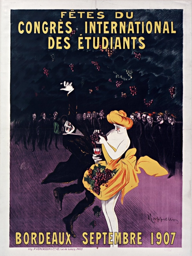 Plakat für eine Weinprobe in Bordeaux 1907 mit einer Frau in gelbem Kleid und einem Weinglas, umgeben von einer Gruppe von Menschen, mit Veranstaltungstext.
