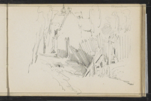 Ein Schwarz-Weiß-Zeichnung von Joseph Mallord William Turner, die eine Stadtstraße mit einem Gebäude im Hintergrund zeigt, Teil der Sammlung der National Portrait Gallery.