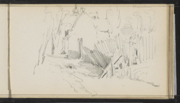 Ein Schwarz-Weiß-Zeichnung von Joseph Mallord William Turner, die eine Stadtstraße mit einem Gebäude im Hintergrund zeigt, Teil der Sammlung der National Portrait Gallery.