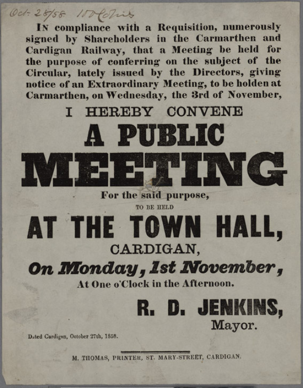 Eine Ankündigung für eine öffentliche Versammlung im Rathhaus in Cardigan am Montag, den 1. November 1858, mit Text, der das Ereignis beschreibt.