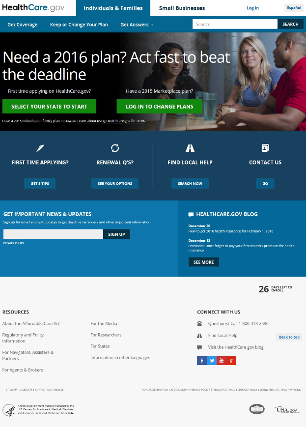 Health Care Gov Website-Seite zeigt eine Gruppe von Menschen an einem Tisch mit Gläsern und anderen Gegenständen, mit dem Webseitentitel und Informationen.
