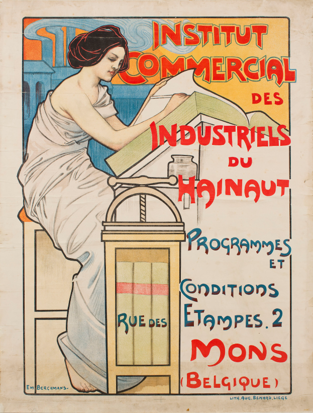 Eine Frau sitzt an einem Tisch mit einem Buch in den Händen, mit Text, der das Institut Commercial des Industriels du Hainaut bewirbt.