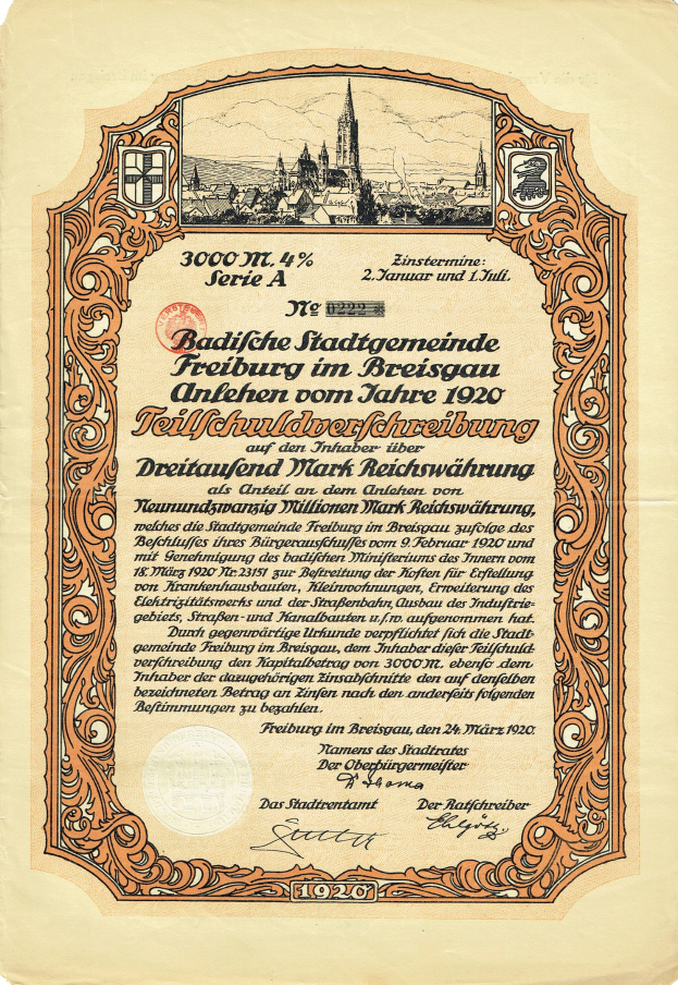 Alter deutscher Aktienchein mit einer Stadtansicht und gedrucktem Text.