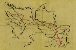 Ein altes Papier-Karte von der Schweiz mit einer roten Linie und Text.