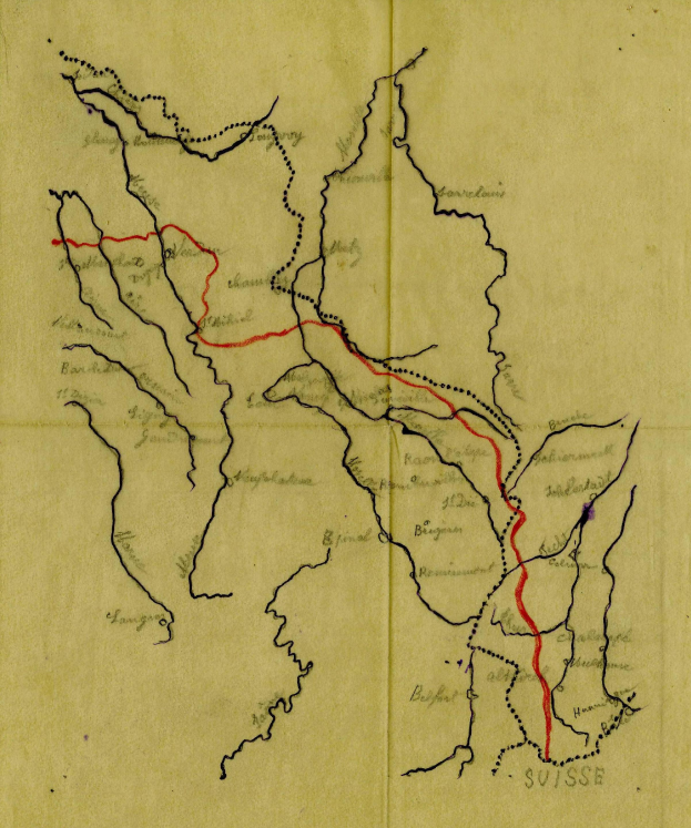 Ein altes Papier-Karte von der Schweiz mit einer roten Linie und Text.