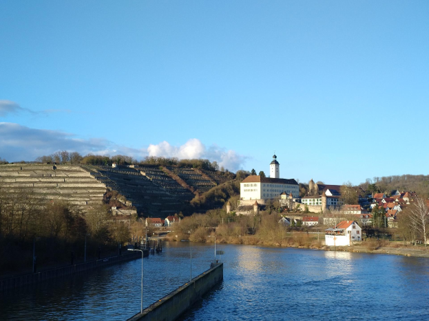 Eine malerische Aussicht auf den Rhein in Deutschland, mit einer Brücke, Laternen, Bäumen, Gebäuden entlang der Ufer und einem Hügel im bewölkten Himmel im Hintergrund.