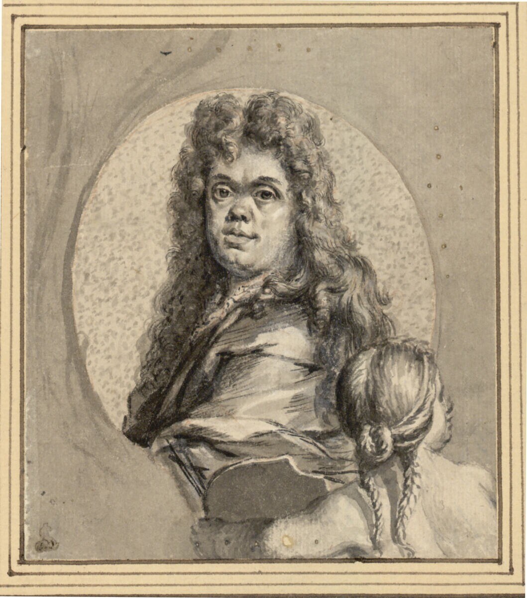 Ein Porträt eines Mannes mit langen Haaren und einem ernsten Gesichtsausdruck, eine Frau mit einem sanften Gesichtsausdruck, die ein Kind hält, beide schauen direkt in die Kamera.