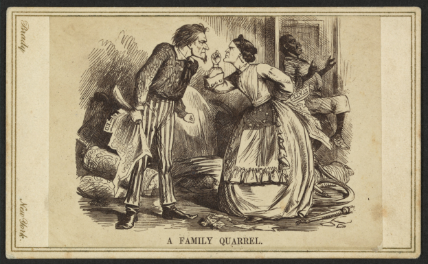 Ein Familienstreit mit einem Mann, der ein Objekt hält und einer Frau, die neben ihm steht, mit der Beschriftung "Ein Familienstreit" unten.