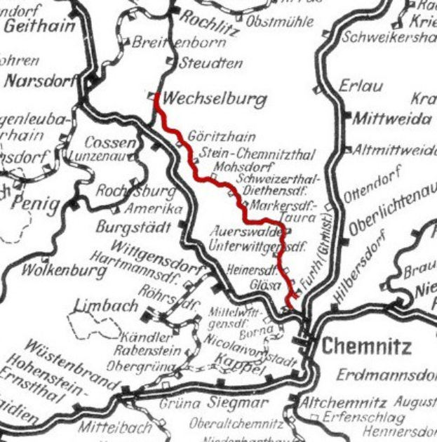 Schwarze und weiße Karte der Wechselburg und Chemnitz Eisenbahnroute mit einer roten Linie, die den Weg anzeigt.