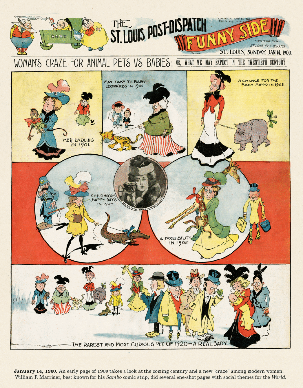 Eine Zeitungsseite aus der St. Louis Post-Dispatch Funny Side, die farbenfrohe, humorvolle Illustrationen von Menschen, Tieren und Gegenständen zeigt, mit verspieltem Text in einer munteren Schriftart.