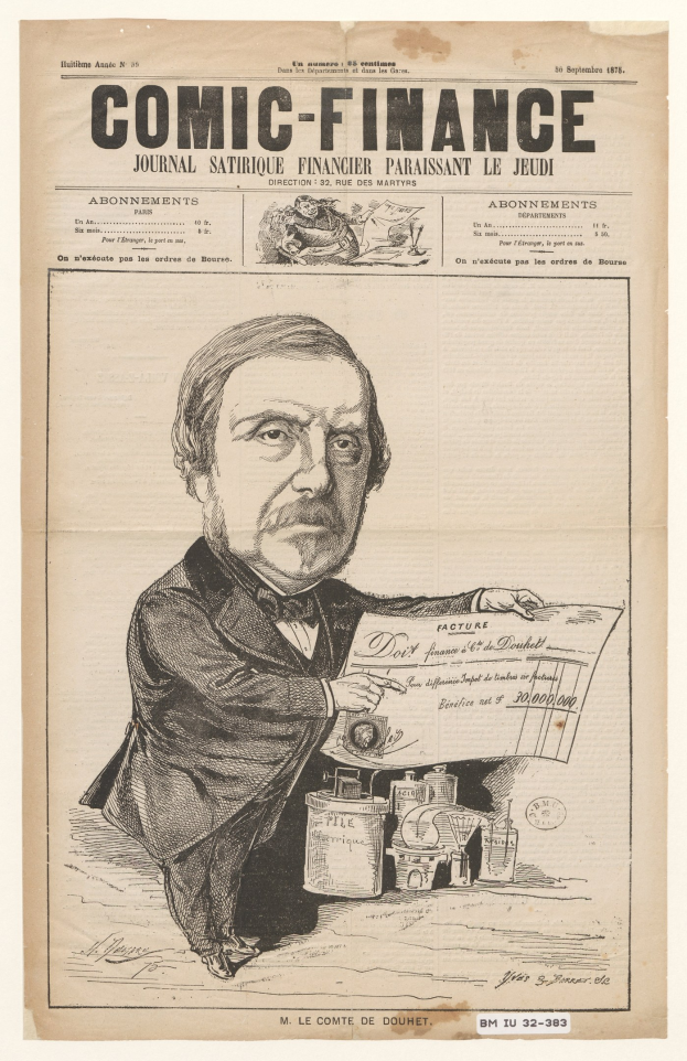 Schwarz-weiß-Illustration eines Mannes im Anzug und mit Krawatte, der ein Blatt Papier mit Text und Zahlen hält, das an ein Comic-Finanzmagazin erinnert.