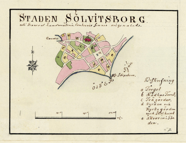 Detailierter Papierstadtplan von Staden Solvitsborg, Schweden, der Straßen, Gebäude und Sehenswürdigkeiten zeigt.