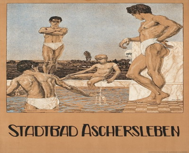 Ein Plakat für ein Schwimmbad in Aschersleben, Deutschland, das Menschen im Wasser und Werbetext zeigt.