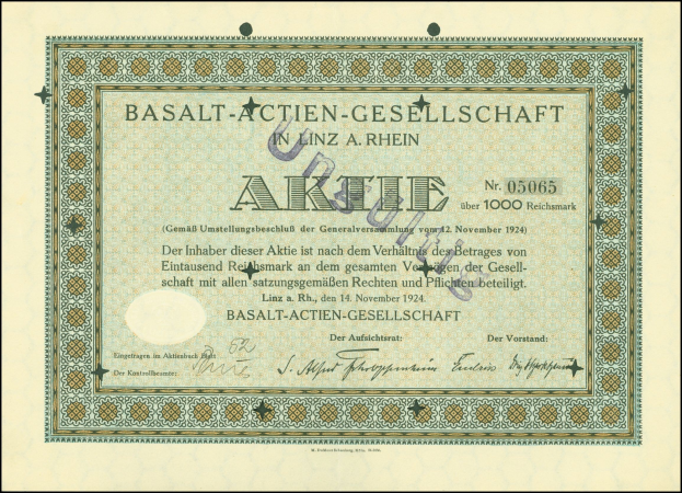 Rahmung eines alten Aktienzertifikats der Basalt-Actien-Gesellschaft in Linz, Deutschland, mit sichtbarem Text.