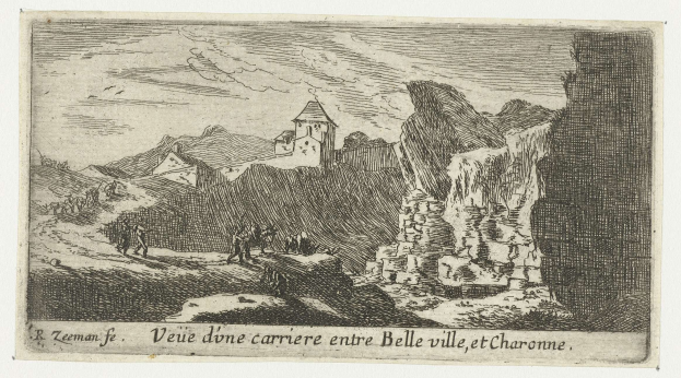 Schwarze und weiße Gravur einer Berglandschaft mit einem Schloss im Hintergrund, Höhen und Menschen, mit Text unten.