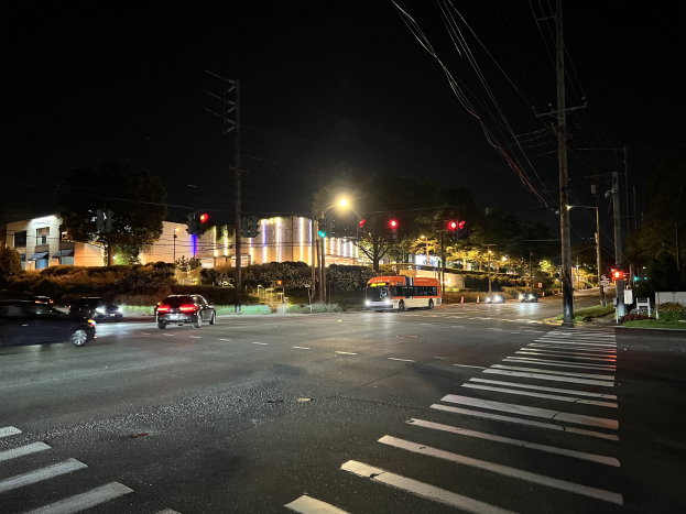 Eine nächtliche Stadtstraße mit fahrenden Autos, einem Bus, Straßenlaternen, Ampeln, Strommasten mit Drähten, Bäumen, Pflanzen, Gras und Gebäuden unter einem dunklen Himmel.