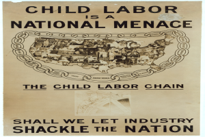 Ein Plakat mit fetter schwarzer Schrift auf weißem Hintergrund zeigt "Kinderschutz ist eine nationale Bedrohung - Sollen wir die Industrie das Land fesseln lassen", mit einer Gruppe von Menschen verschiedener Altersgruppen, Geschlechter und Ethnien, die gemeinsam stehen.