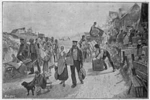 Eine Gruppe von Menschen, einige mit Taschen und einer auf einem Pferdewagen, gehen eine Schotterstraße entlang mit einem Hund, Häusern im Hintergrund und Text unten, der "Deutsche Flüchtlinge in Deutschland" lautet.