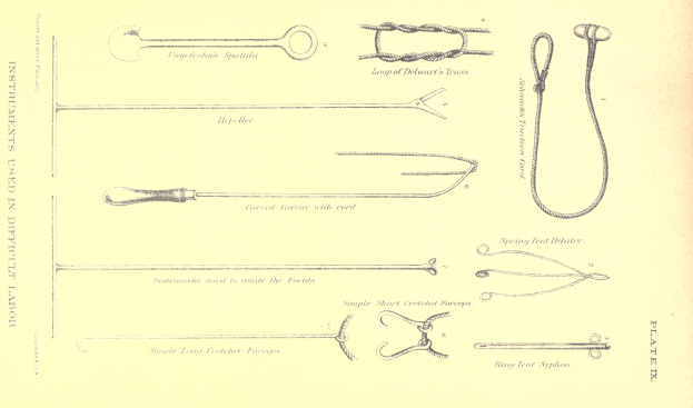 Schwarze und weiße Linienzeichnung von chirurgischen Instrumenten, einschließlich einer Nadel, einem Faden und anderen Werkzeugen, begleitet von Text.