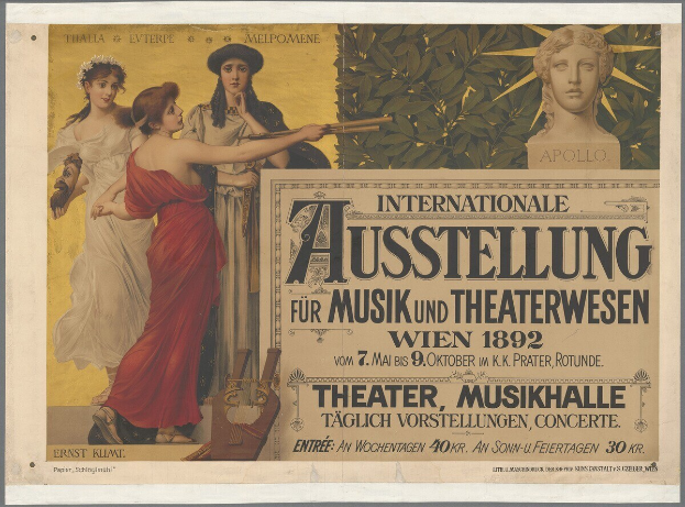 Plakat für die Internationale Ausstellung für Musik und Theaterwesen in Wien, Österreich, das eine Gruppe von Menschen in einem Kreis mit einer Frau, die ein Musikinstrument hält, in der Mitte zeigt und Texte, die Veranstaltungdetails bereitstellen.
