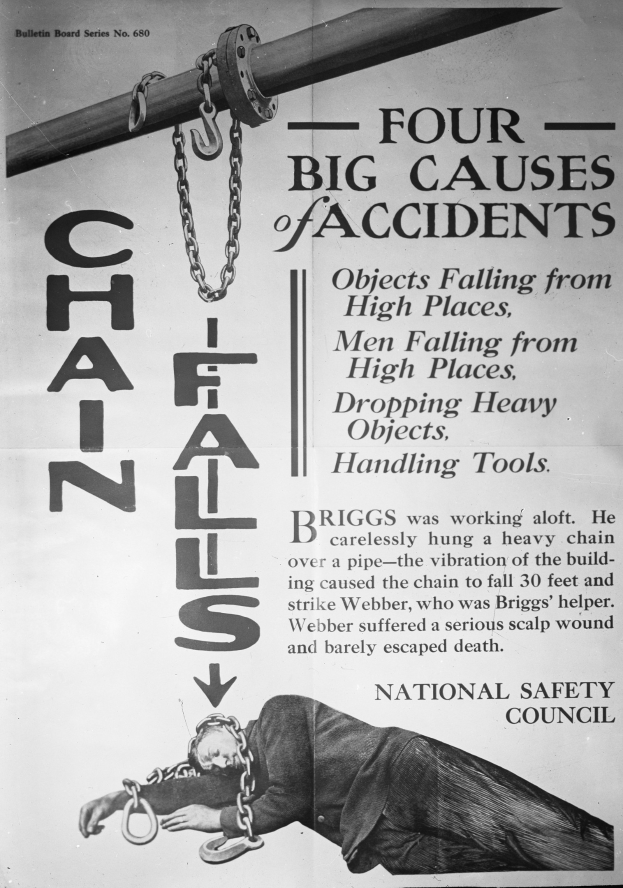 Schwarzer und weißer Plakat mit der Aufschrift "Vier große Unfallursachen" mit einem Bild einer Person auf einem Pfahl mit Ketten.