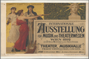 Ein Plakat für die Internationale Ausstellung für Musik und Theaterwesen in Wien, Österreich, das eine Gruppe von Menschen zeigt, die in einem Kreis stehen, mit einer Frau in der Mitte, die ein Musikinstrument hält, und Text, der eventuelle Informationen enthält.