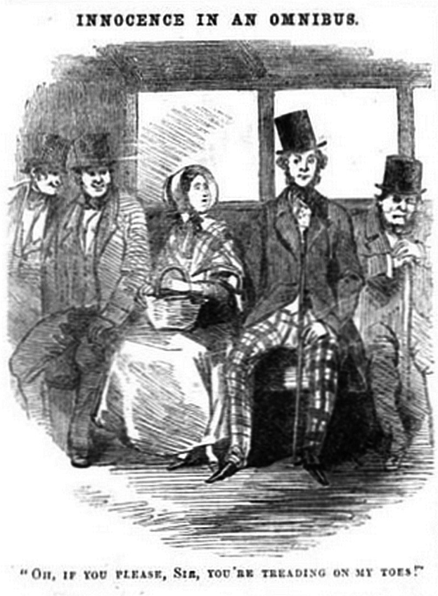 Eine Gruppe von Menschen in einem Zug, mit einer Frau in einem langen Kleid und Hut, die einen Korb in der Mitte hält, umgeben von besorgten Passagieren, die zu ihr hinsehen; die Zugfenster sind im Hintergrund sichtbar.