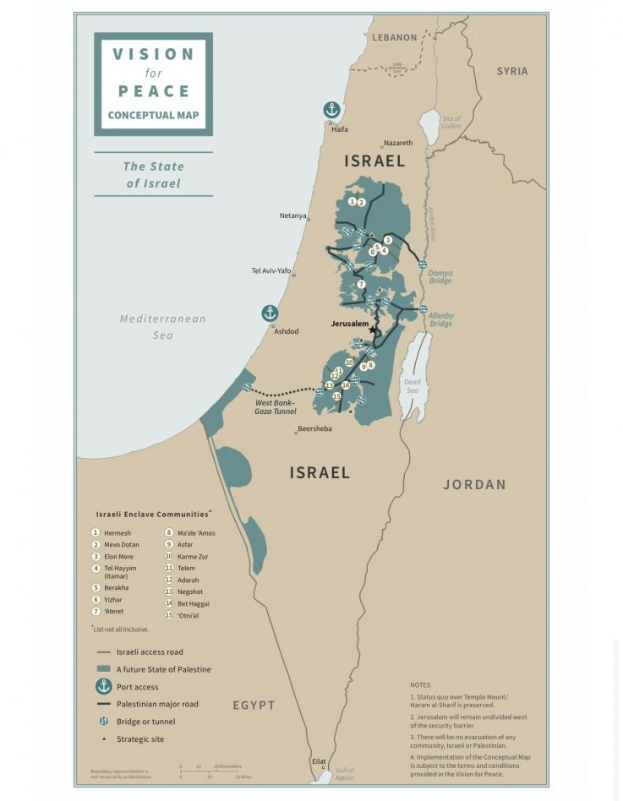 Plakat mit der Aufschrift "Vision für Frieden-Konzeptkarte", das eine farbcodierte Karte Israels in Blau, Grün und Gelb mit fetter schwarzer Schrift zeigt.
