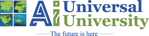 Blauer Kreis mit weißer Umrandung und Stern, der "Universelle Universität" in blauer Schrift enthält, über fettem schwarzem "Die Zukunft ist hier"-Text.