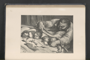 Eine Schwarz-Weiß-Zeichnung eines Mannes mit ernster Miene, der ein Messer in einer Hand hält und in der anderen eine Gruppe neugieriger Kinder auf einem Bett liegen sieht.