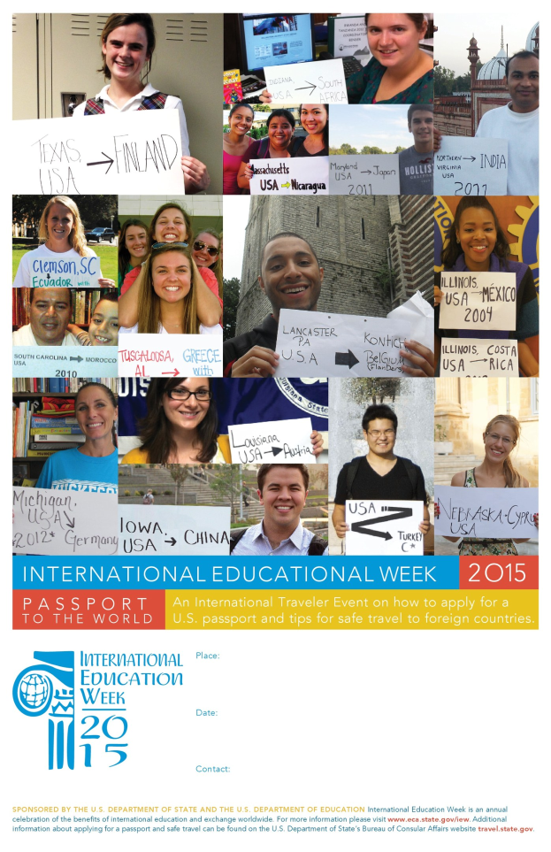 Internationaler Bildungswoche 2015-Poster mit einer Gruppe strahlender Menschen, die Schilder mit Text halten.