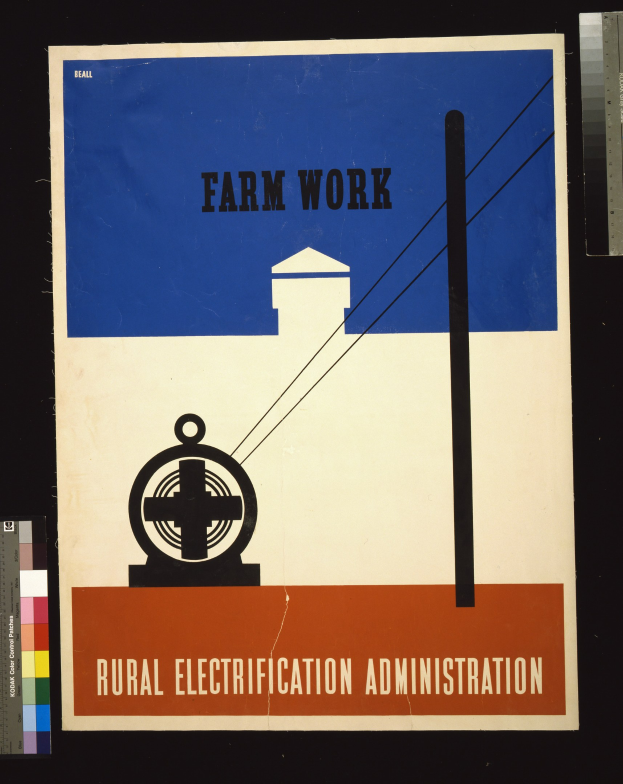 Plakat mit "Landwirtschaftliche Arbeit Elektrizitätsverwaltung" in fetter schwarzer Schrift auf einem weißen Hintergrund, eingerahmt von einem schmalen schwarzen Rand, mit einer Grafik eines Bauernhofs mit einem Traktor und einem Stall.