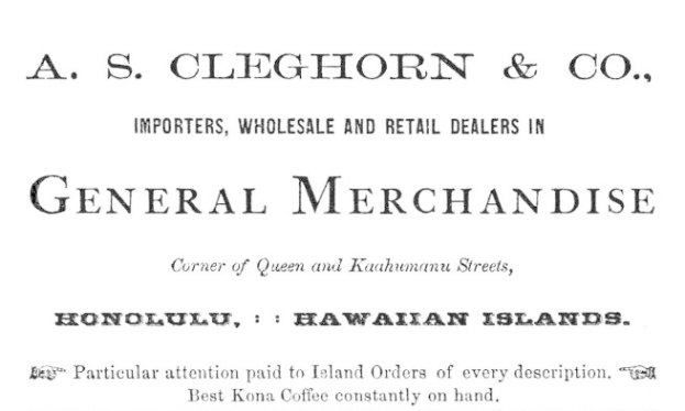 Schwarz-weiß-Papier mit bedrucktem Text, der "A.S. Cleghorn & Co. Importeure, Groß- und Einzelhandelshändler für Allgemeinwaren." lautet