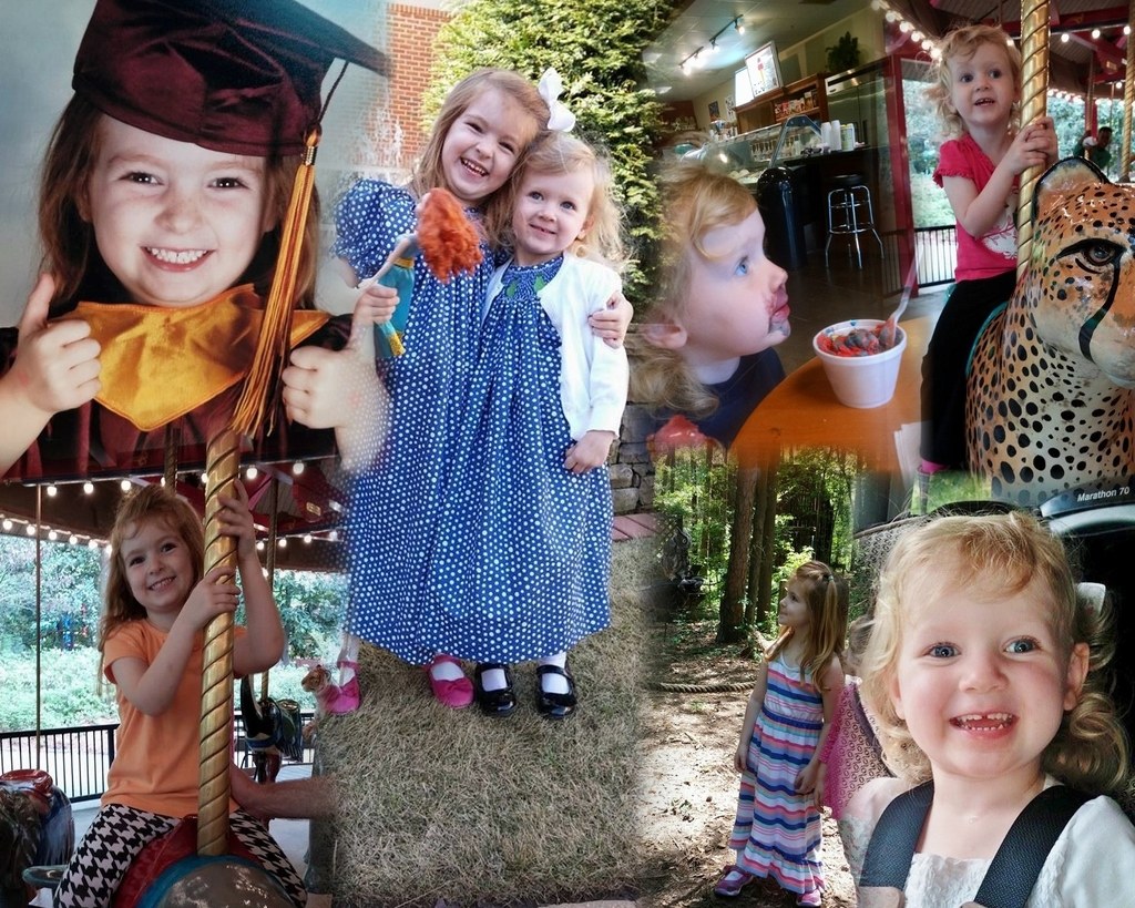 Collage mit lustigen Fahrgeschäften, Kindern, einem Tisch mit Lebensmitteln, Besteck, Lichtern, natürlichen Elementen und verschiedenen Gegenständen.