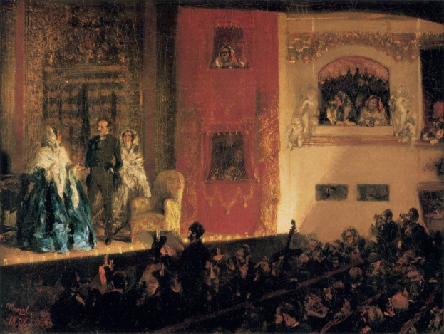 Gemälde namens 'Die Oper' (1856), das eine Gruppe von Darstellern auf der Bühne mit Instrumenten und sitzenden Stühlen vor einem Publikum und einer Wand zeigt.
