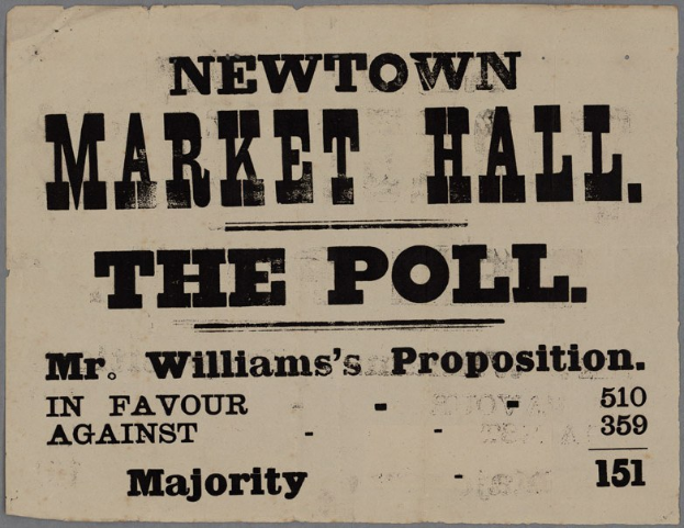 Papier mit handgeschriebenem Text, der "Newtown Market Hall, die Wahl, Mr. Williams Proposition zugunsten gegen Mehrheit" liest.