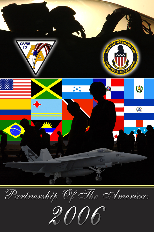 Ein Plakat mit einem zentralen Kampfflugzeug, umgeben von Menschen und Flaggen, mit einem Flugzeug oben und dem Text "Partnerschaft der Amerika 2006" unten.