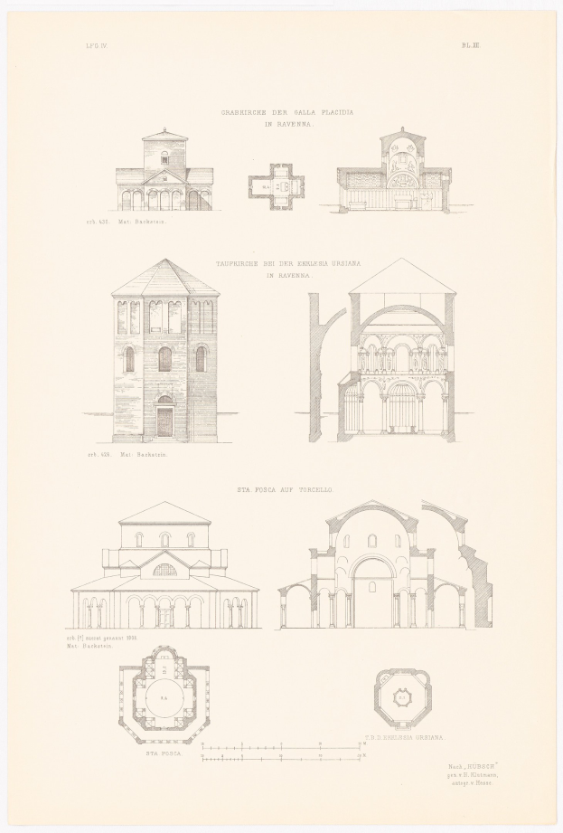 Eine Buchseite mit detaillierten Illustrationen verschiedener Gebäude mit einzigartiger Architektur, begleitet von erklärendem Text zur Stadtgeschichte.